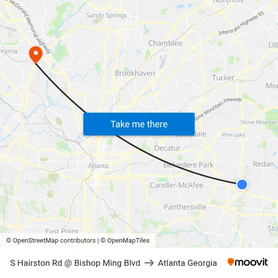 S Hairston Rd @ Bishop Ming Blvd to Atlanta Georgia map