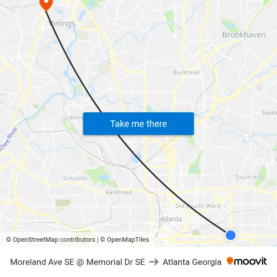 Moreland Ave SE @ Memorial Dr SE to Atlanta Georgia map