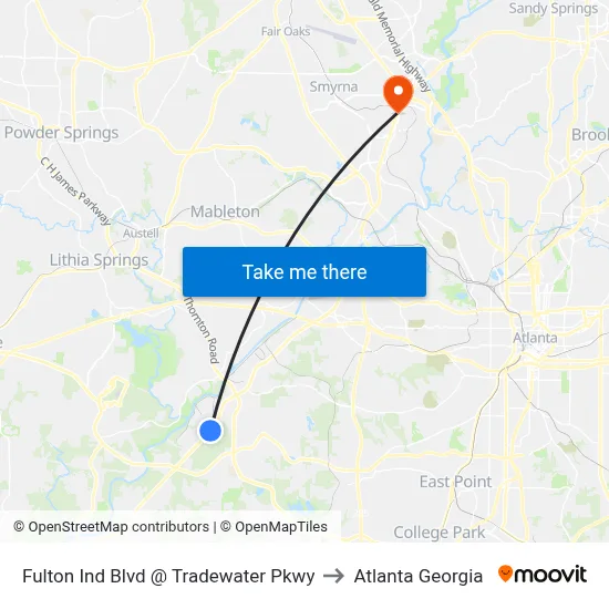 Fulton Ind Blvd @ Tradewater Pkwy to Atlanta Georgia map