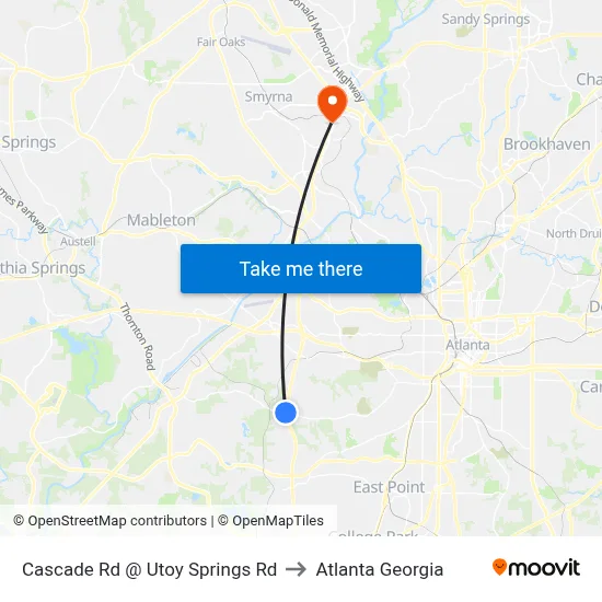 Cascade Rd @ Utoy Springs Rd to Atlanta Georgia map