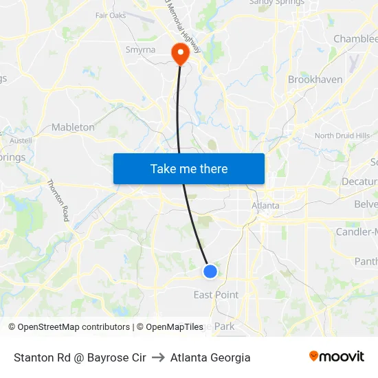 Stanton Rd @ Bayrose Cir to Atlanta Georgia map