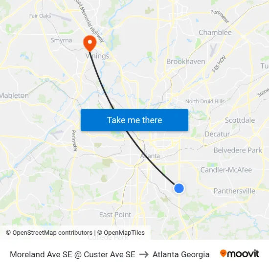 Moreland Ave SE @ Custer Ave SE to Atlanta Georgia map