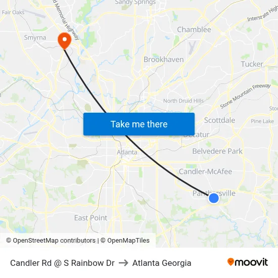 Candler Rd @ S Rainbow Dr to Atlanta Georgia map
