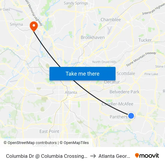Columbia Dr @ Columbia Crossing Dr to Atlanta Georgia map