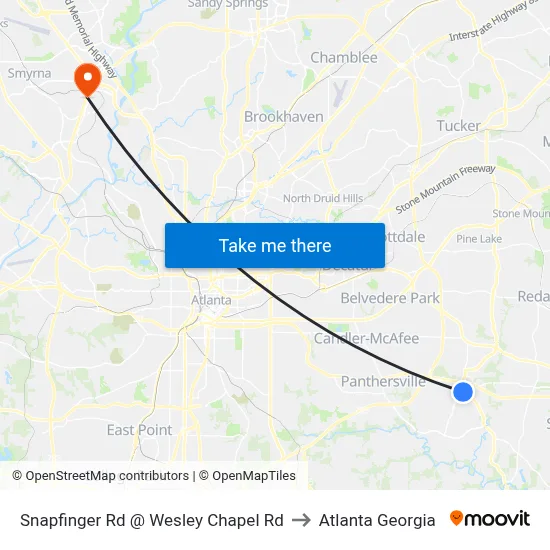 Snapfinger Rd @ Wesley Chapel Rd to Atlanta Georgia map