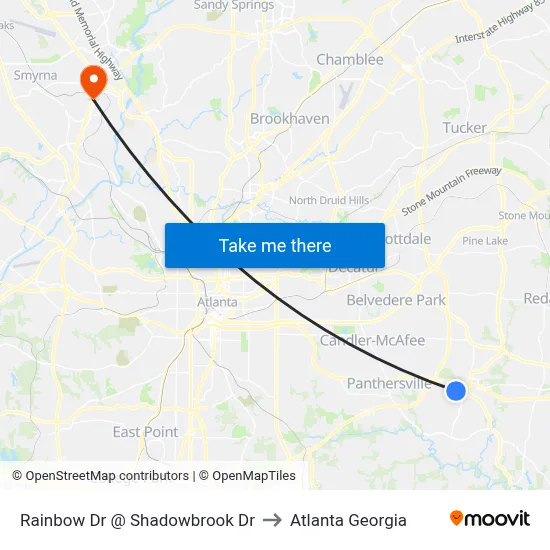 Rainbow Dr @ Shadowbrook Dr to Atlanta Georgia map