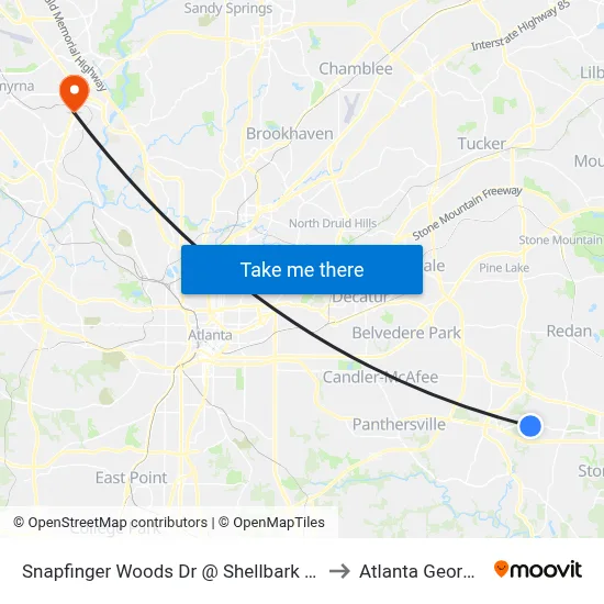 Snapfinger Woods Dr @ Shellbark Rd to Atlanta Georgia map