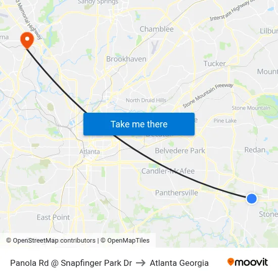 Panola Rd @ Snapfinger Park Dr to Atlanta Georgia map