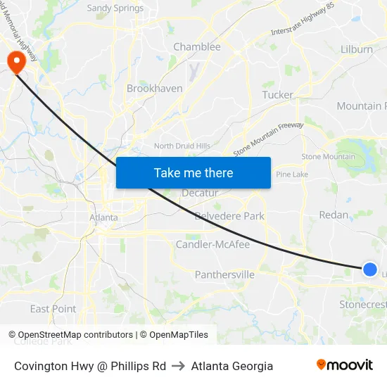 Covington Hwy @ Phillips Rd to Atlanta Georgia map