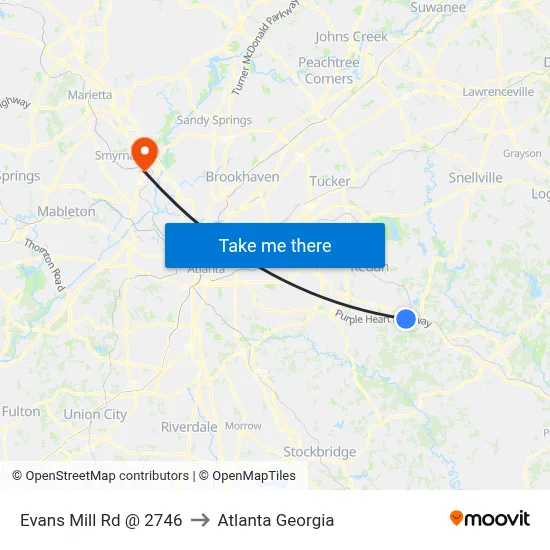 Evans Mill Rd @ 2746 to Atlanta Georgia map