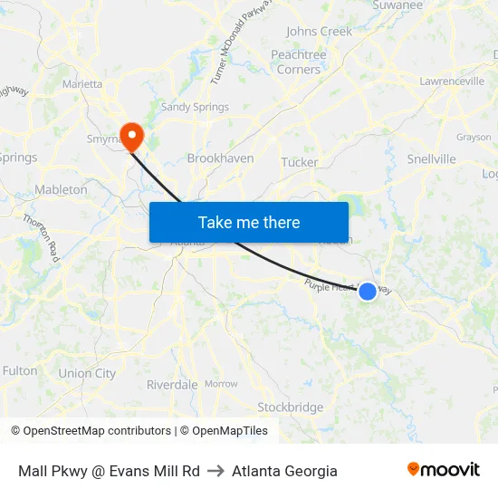 Mall Pkwy @ Evans Mill Rd to Atlanta Georgia map