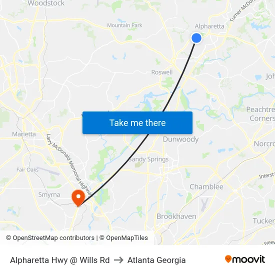 Alpharetta Hwy @ Wills Rd to Atlanta Georgia map