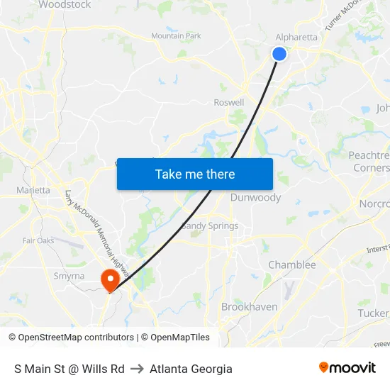 S Main St @ Wills Rd to Atlanta Georgia map