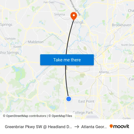 Greenbriar Pkwy SW @ Headland Dr SW to Atlanta Georgia map