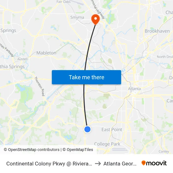 Continental Colony Pkwy @ Riviera Dr to Atlanta Georgia map