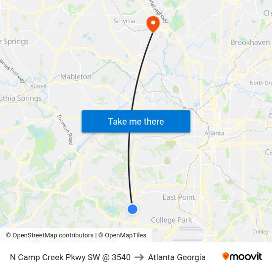 N Camp Creek Pkwy SW @ 3540 to Atlanta Georgia map