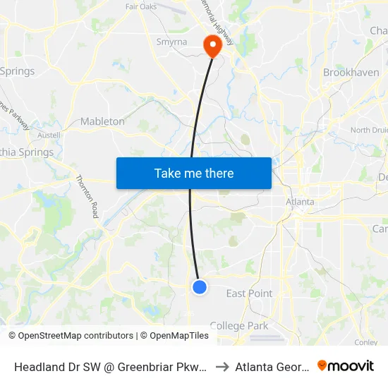 Headland Dr SW @ Greenbriar Pkwy SW to Atlanta Georgia map