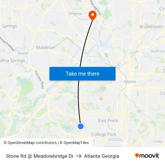 Stone Rd @ Meadowbridge Dr to Atlanta Georgia map