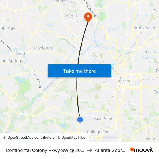 Continental Colony Pkwy SW @ 3030 to Atlanta Georgia map