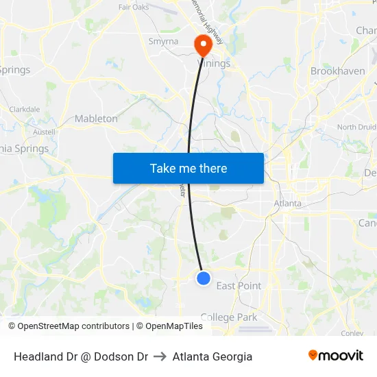 Headland Dr @ Dodson Dr to Atlanta Georgia map