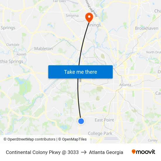 Continental Colony Pkwy @ 3033 to Atlanta Georgia map