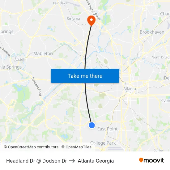 Headland Dr @ Dodson Dr to Atlanta Georgia map