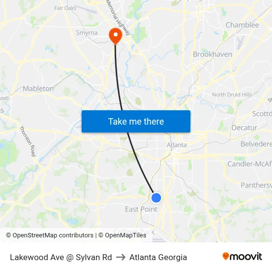Lakewood Ave @ Sylvan Rd to Atlanta Georgia map