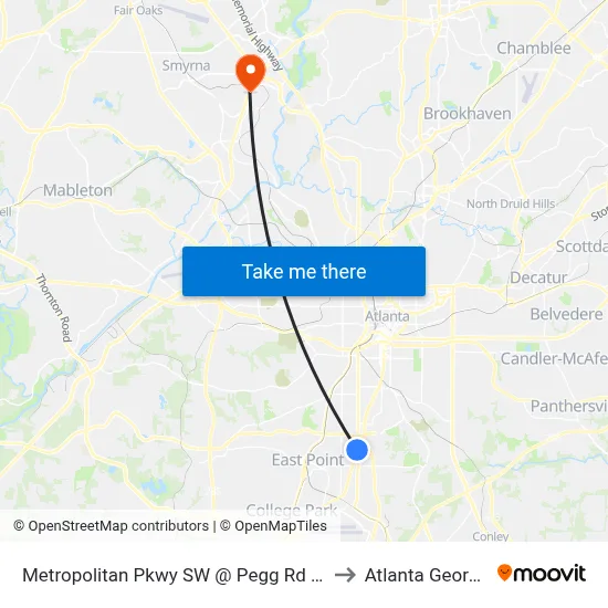 Metropolitan Pkwy SW @ Pegg Rd SW to Atlanta Georgia map