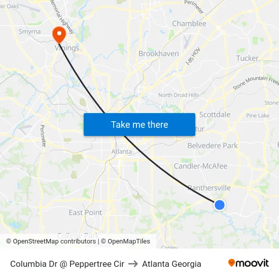 Columbia Dr @ Peppertree Cir to Atlanta Georgia map