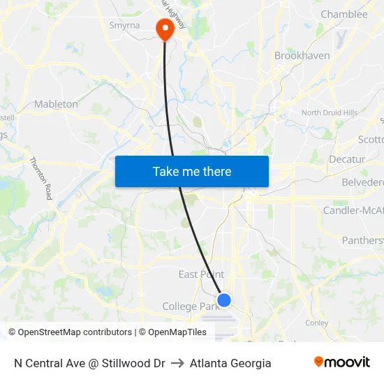 N Central Ave @ Stillwood Dr to Atlanta Georgia map