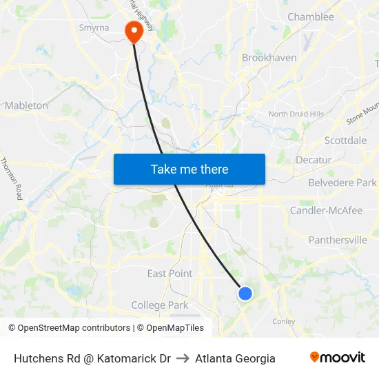Hutchens Rd @ Katomarick Dr to Atlanta Georgia map