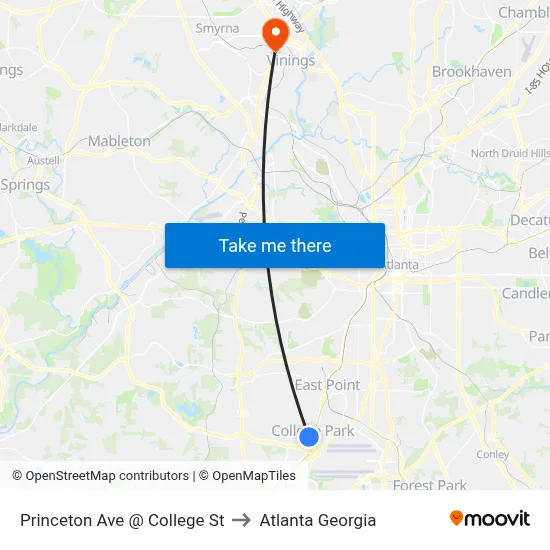 Princeton Ave @ College St to Atlanta Georgia map