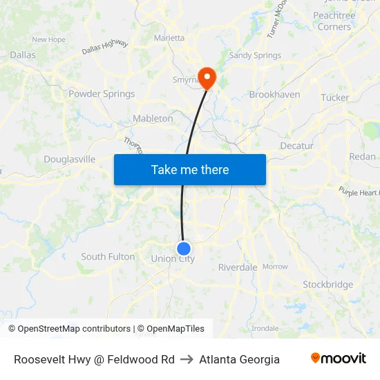 Roosevelt Hwy @ Feldwood Rd to Atlanta Georgia map