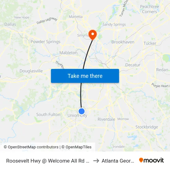 Roosevelt Hwy @ Welcome All Rd SW to Atlanta Georgia map