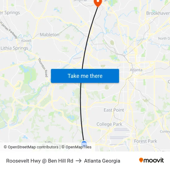 Roosevelt Hwy @ Ben Hill Rd to Atlanta Georgia map