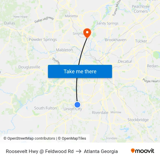 Roosevelt Hwy @ Feldwood Rd to Atlanta Georgia map