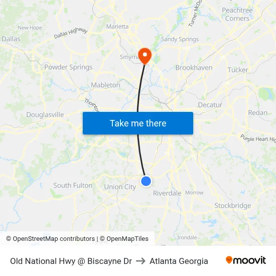 Old National Hwy @ Biscayne Dr to Atlanta Georgia map