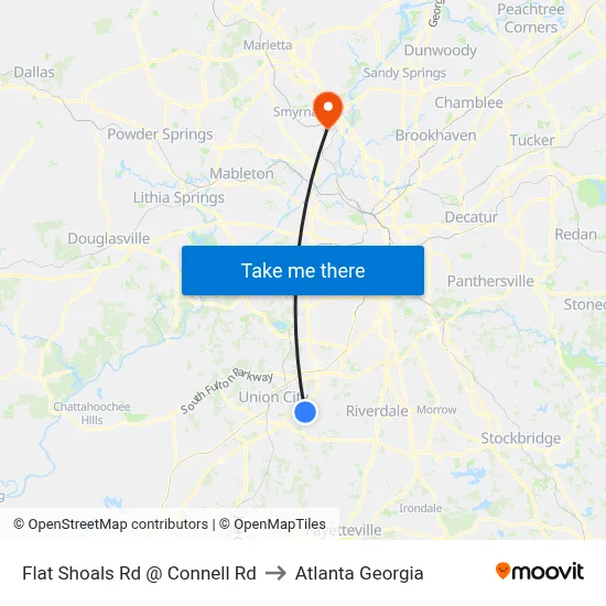 Flat Shoals Rd @ Connell Rd to Atlanta Georgia map