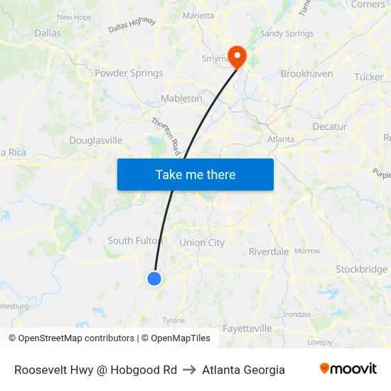 Roosevelt Hwy @ Hobgood Rd to Atlanta Georgia map
