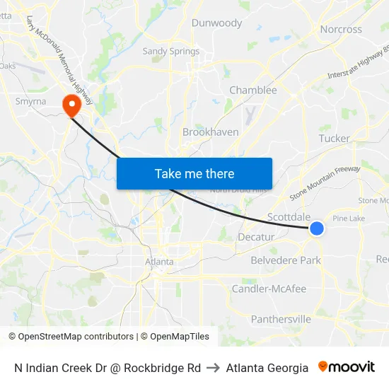N Indian Creek Dr @ Rockbridge Rd to Atlanta Georgia map