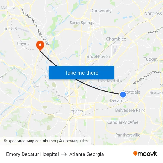 Emory Decatur Hospital to Atlanta Georgia map