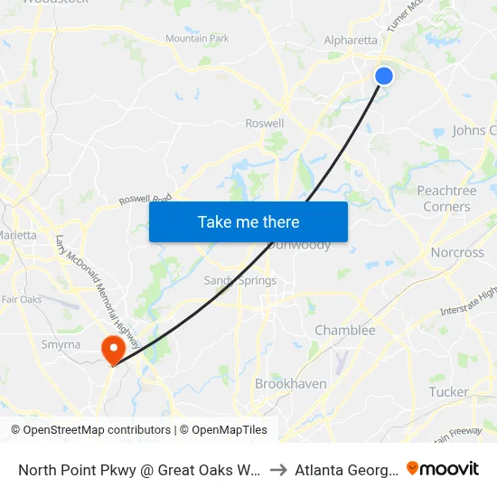 North Point Pkwy @ Great Oaks Way to Atlanta Georgia map