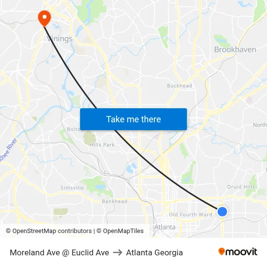 Moreland Ave @ Euclid Ave to Atlanta Georgia map