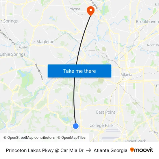 Princeton Lakes Pkwy @ Car Mia Dr to Atlanta Georgia map