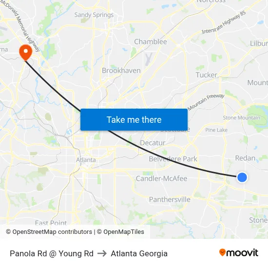 Panola Rd @ Young Rd to Atlanta Georgia map