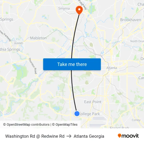 Washington Rd @ Redwine Rd to Atlanta Georgia map