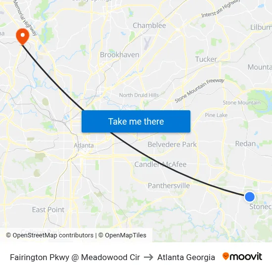 Fairington Pkwy @ Meadowood Cir to Atlanta Georgia map