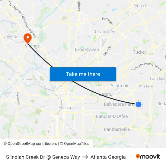 S Indian Creek Dr @ Seneca Way to Atlanta Georgia map