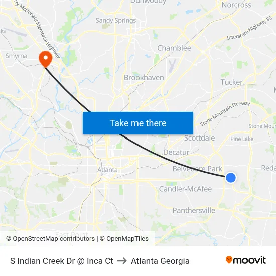 S Indian Creek Dr @ Inca Ct to Atlanta Georgia map