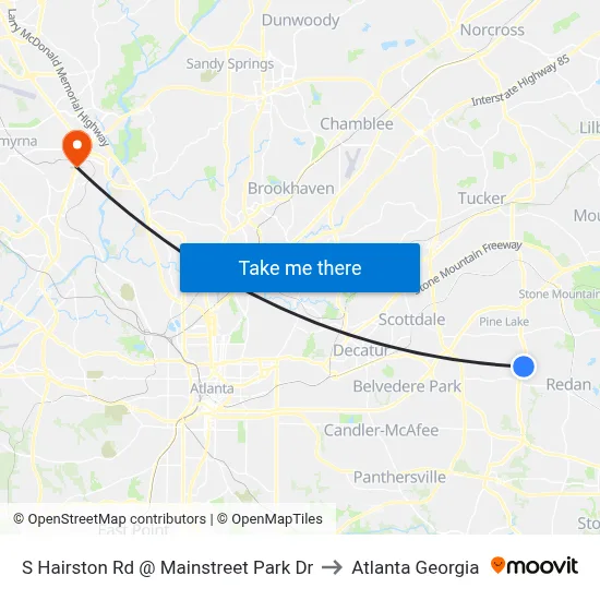S Hairston Rd @ Mainstreet Park Dr to Atlanta Georgia map